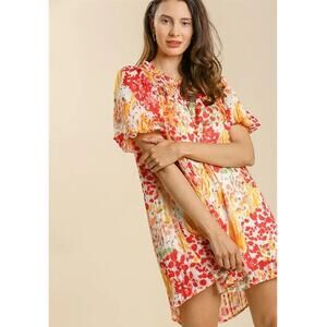 Umgee Shades of Red Dress Multicolor Short Balloon Sleeve Tie Back Size M New